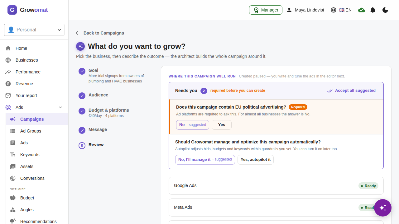 A drafted campaign open for review: ad groups, ads and keywords laid out before anything is pushed